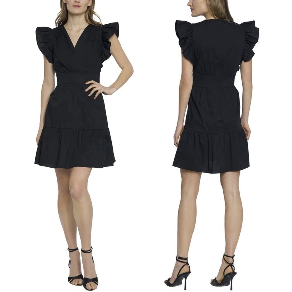 NEW Donna Morgan Faux Wrap Sleeveless Ruffle Mini Dress Black